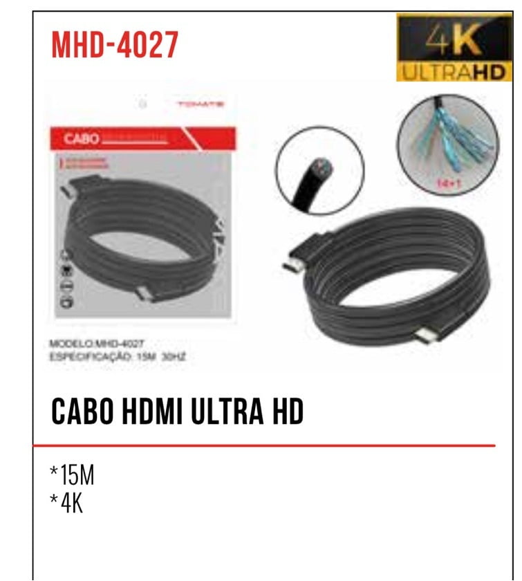 Cabo HDMI Ultra HD 15 Metros 4K Tomate MHD-4027SC