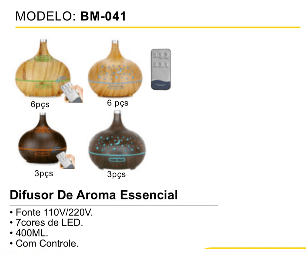 BM-041 Difusor de Aroma Essencial 400ml com LED 7 Cores
