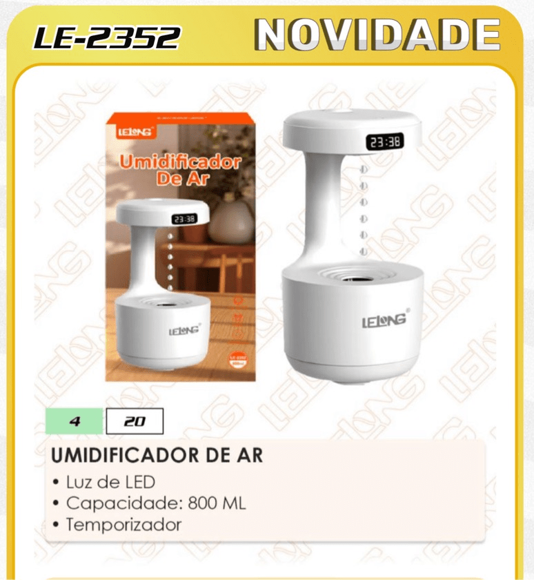 Umidificador de Ar 800ML LE-2352 com Luz LED e Temporizador