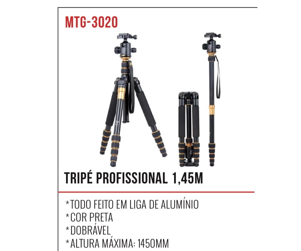 Tripé Profissional 1,60m Tomate MTG-3020 para Câmera e Celular