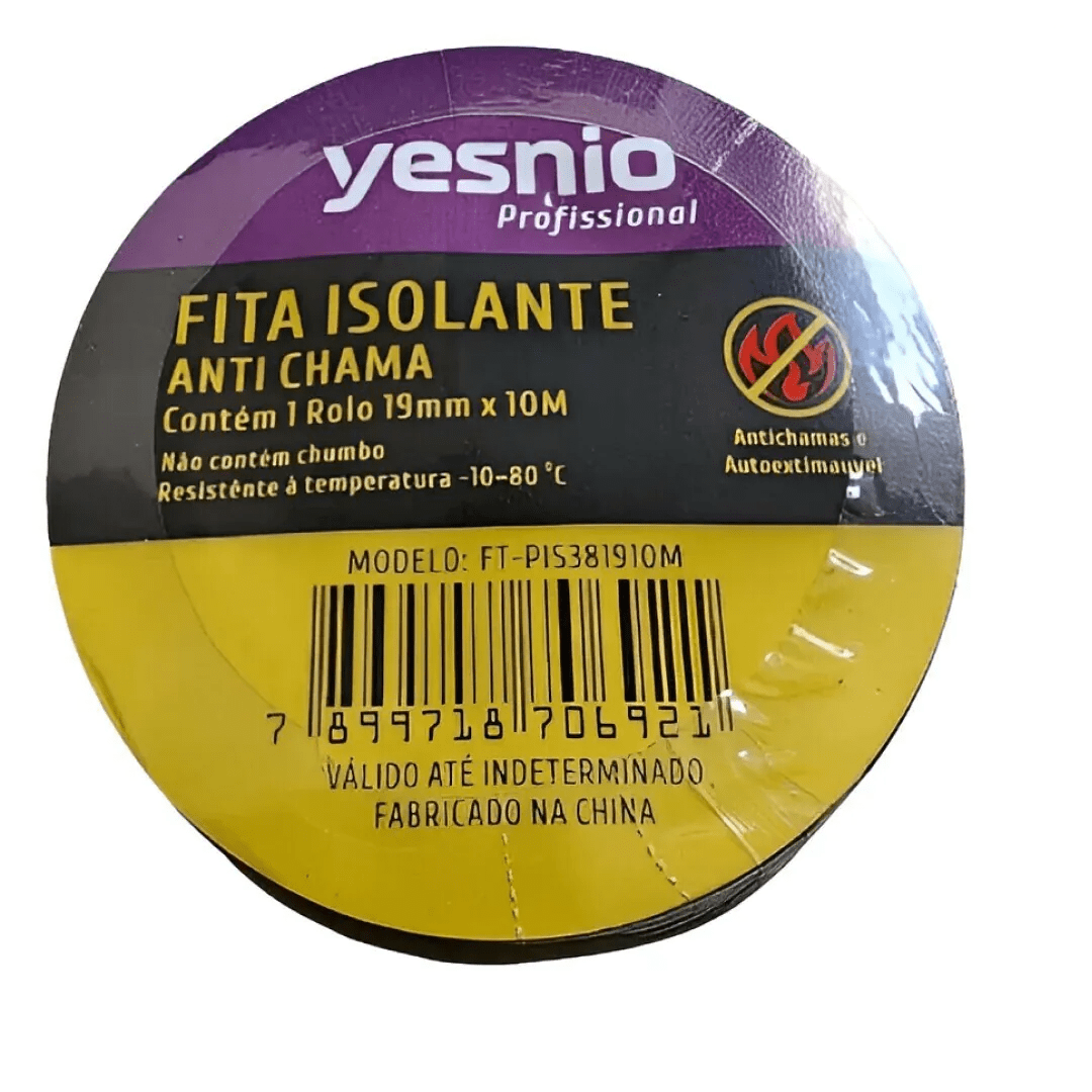 Fita Isolante Antichama YESNIO 19mm x 10m Preta FT-PIS381910M