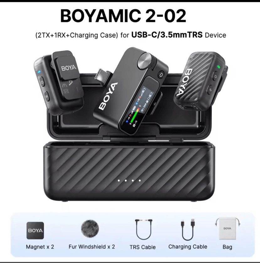 Microfone BOYA BOYAMIC 2-02 Sem Fio 2TX+1RX com Charging Case