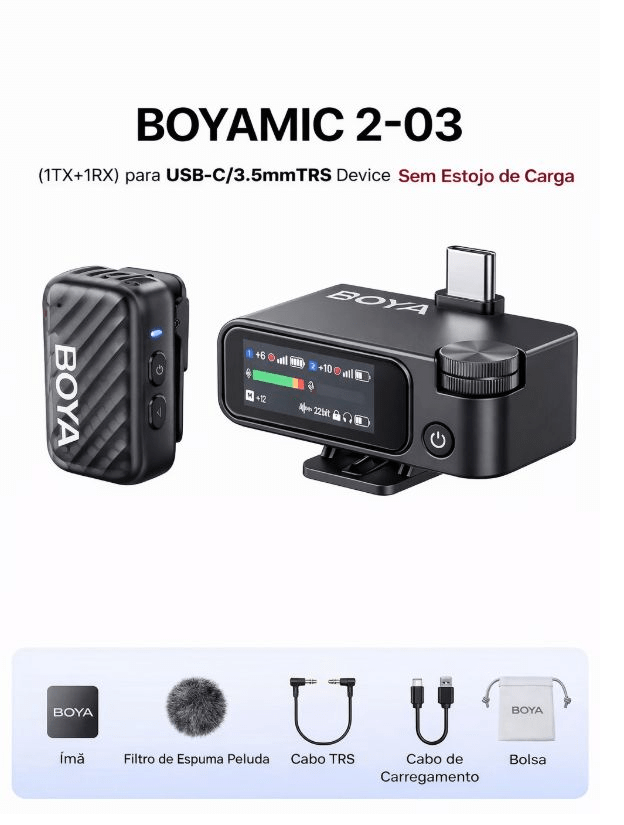 Microfone BOYA BOYAMIC 2-03 Sem Fio Profissional