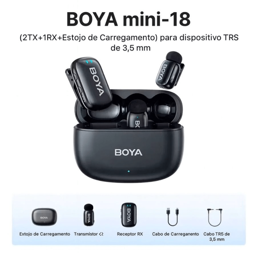 Microfone BOYA Mini-18 Sem Fio 100m 3.5mm para DSLR