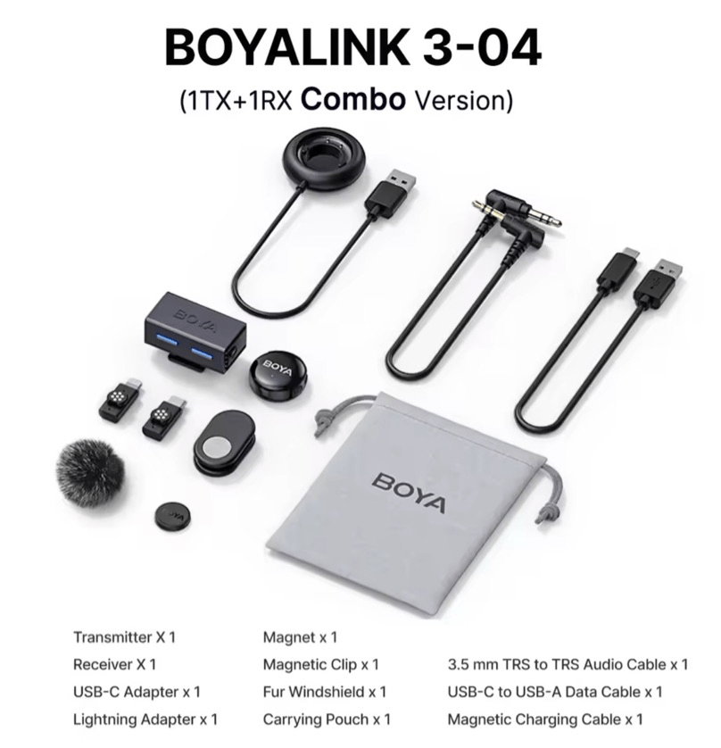 Microfone Sem Fio Boya BoyaLink 3-04 Lapela para iPhone Android PC e Câmeras