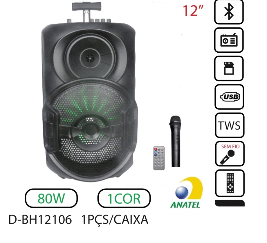 Caixa de Som Residencial Bluetooth Grasep D-BH12106 80w Microfone Sem Fio Preto