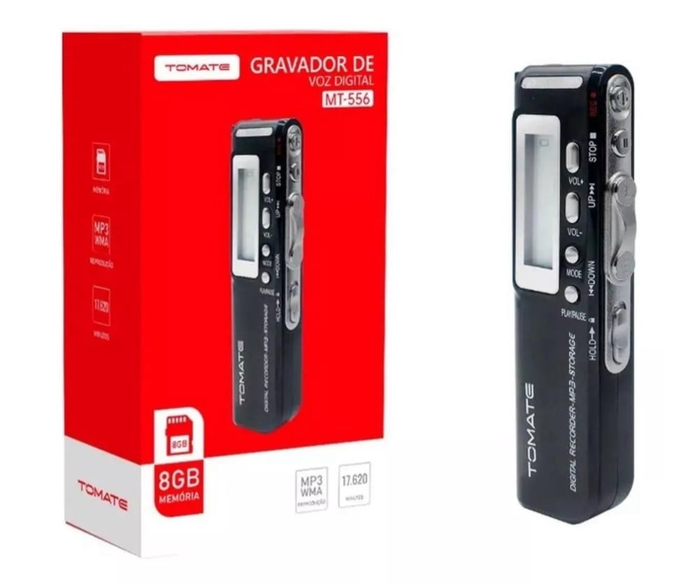 Gravador de Voz Digital 8GB Tomate MT-556 com LCD e MP3