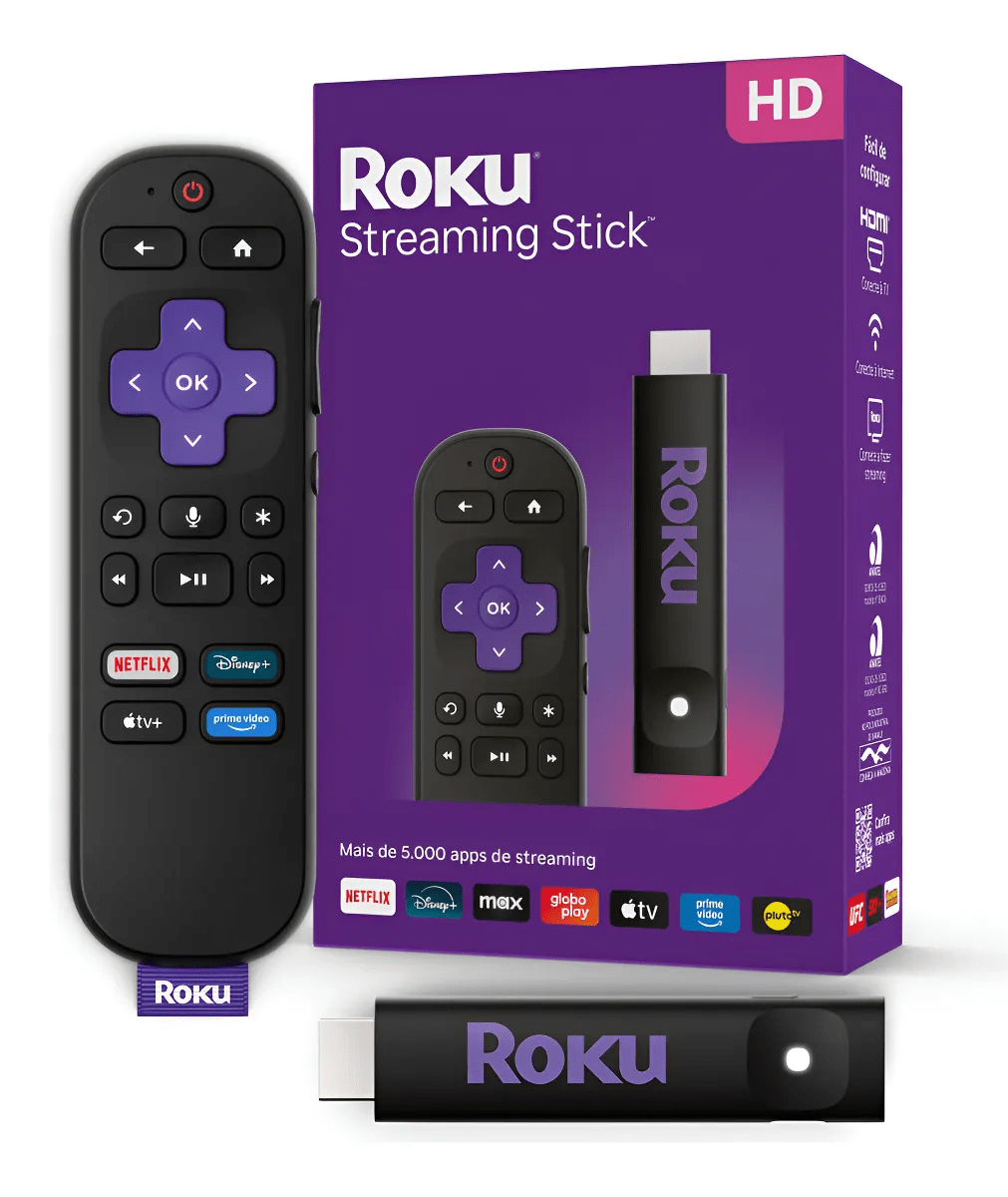 Roku Streaming Stick – Smart TV Box com Controle de Voz e Wi-Fi Longo Alcance