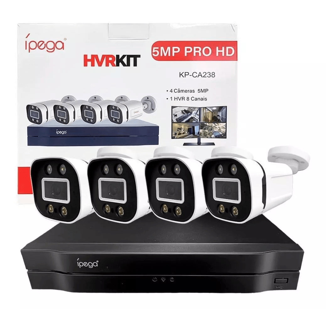 Kit Hvr Gravador Vídeo 4 Câmeras Monitoramento 8 Canais 5mp ipega kp-ca238