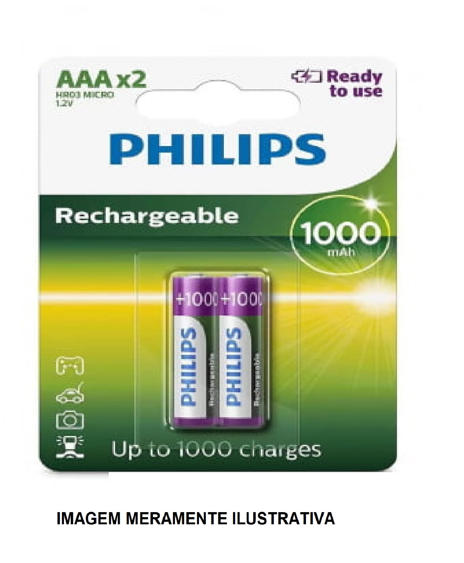 2 Pilhas Recarregáveis Philips Aaa 1000mAh 