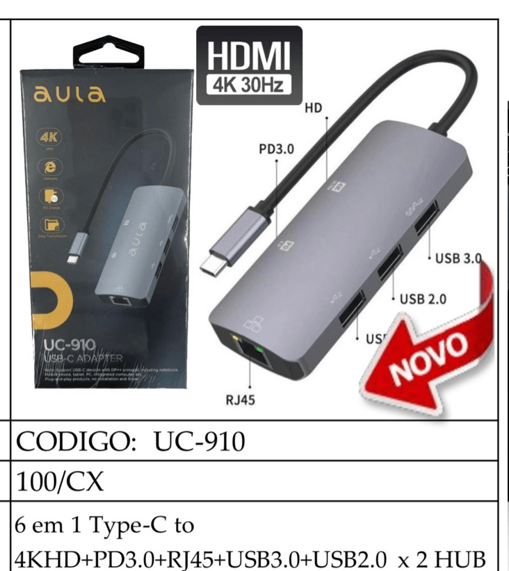Adaptador Aula UC-910 6 em 1 Type-C to 4KHD+PD3.0+RJ45+USB3.0+USB2.0 x 2 HUB