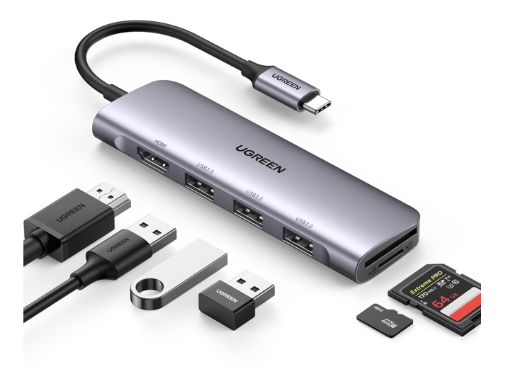 Adaptador UGREEN USB-C para 3 Portas USB3.0-A Hub + HDMI + TF-SD Cinza Escuro