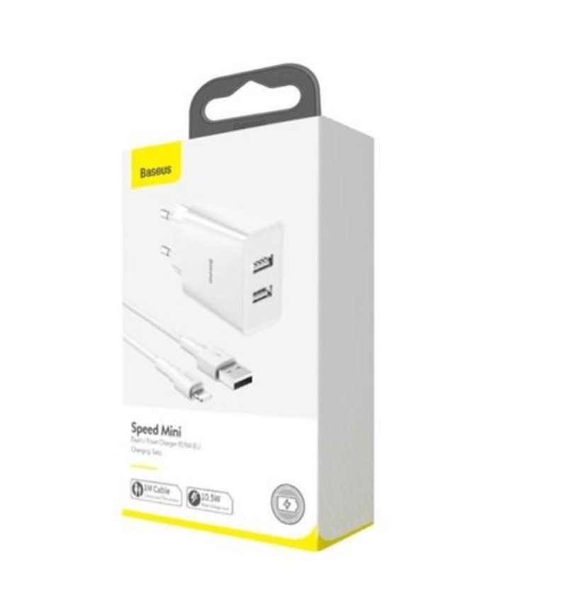 Carregador de Parede Duplo USB Baseus Speed Mini 10.5W (com cabo Lightining 2.4A 1m) Branco (Ref. TZCCFS-R02) Marca: Baseus