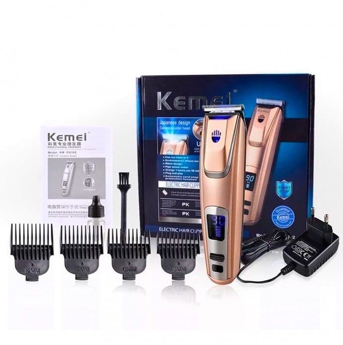 Máquina de Cortar Cabelo e Barba 4 Pentes Recarregável Profissional Kemei - KM-PG102