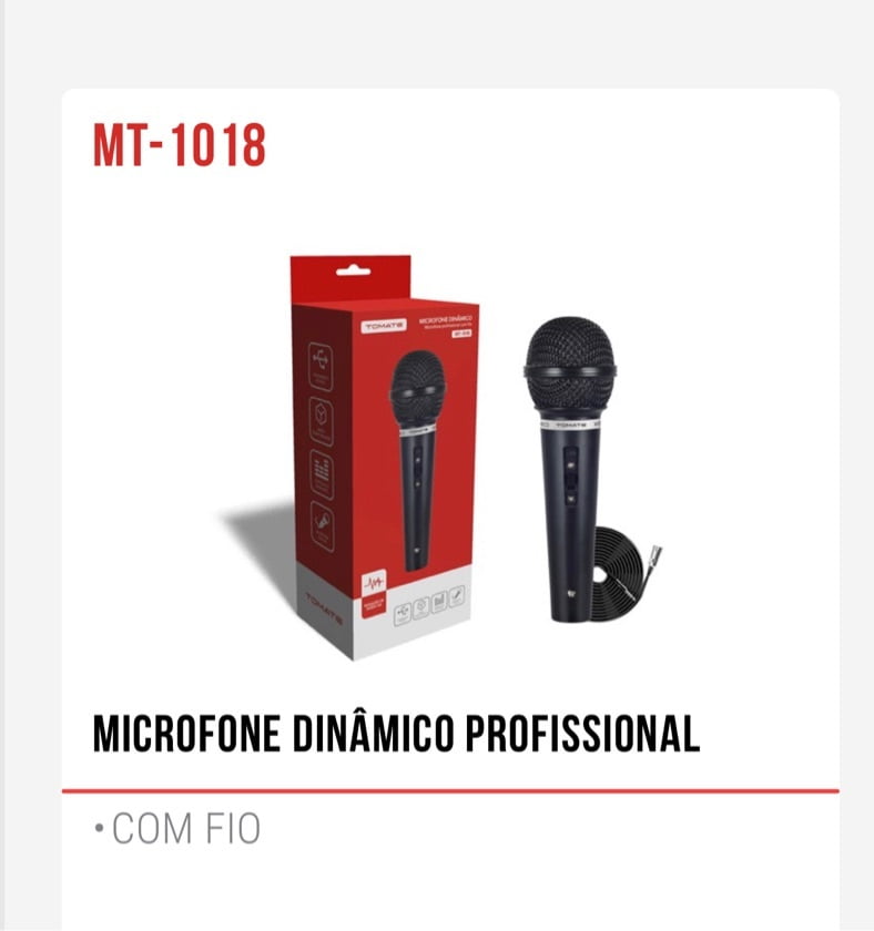Microfone Dinâmico Unidirecional com Fio Tomate MT-1018