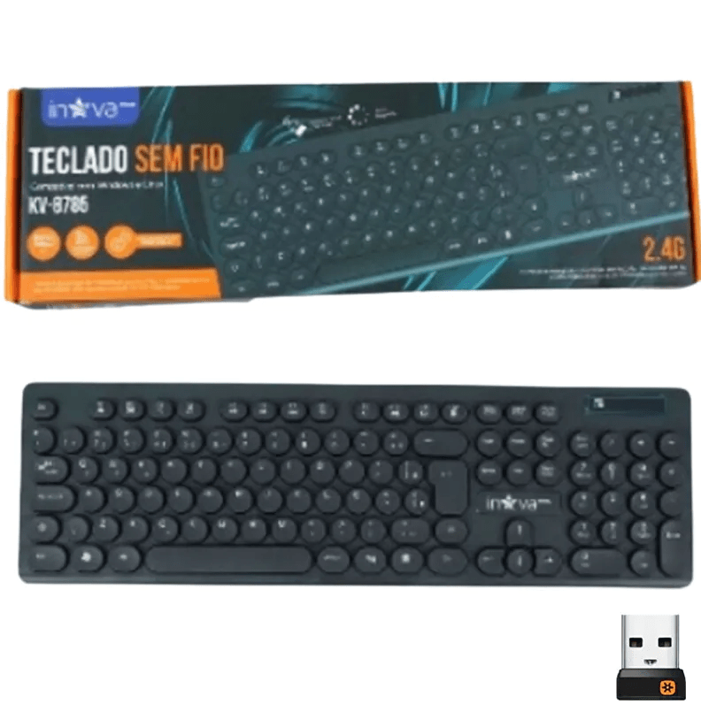 Teclado Wireless Inova KV-8785 com teclas redondas e conexão 2.4GHz. Conforto e estilo no seu setup. Pronta entrega com ótimo preço.