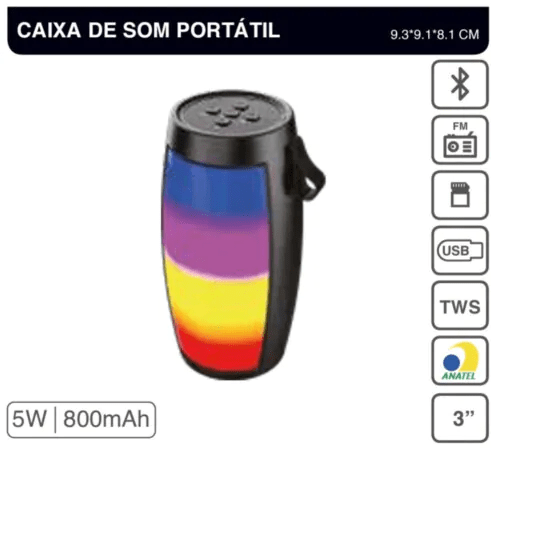 Caixa de Som Bluetooth 8W com Iluminação Led 9.3 x 9.1 x 18.1 cm GRASEP - D-Y08