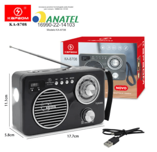 Caixa de Som Bluetooth Retro com Rádio FM/AM e Lanterna KAPBOM - KA-8708