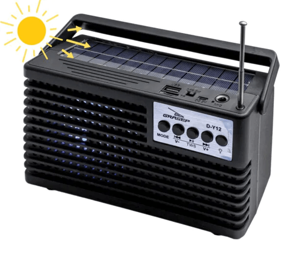 Caixa de Som Bluetooth SOLAR Rádio Retro com Microfone Lanterna e Carregamento Solar GRASEP - D-Y12