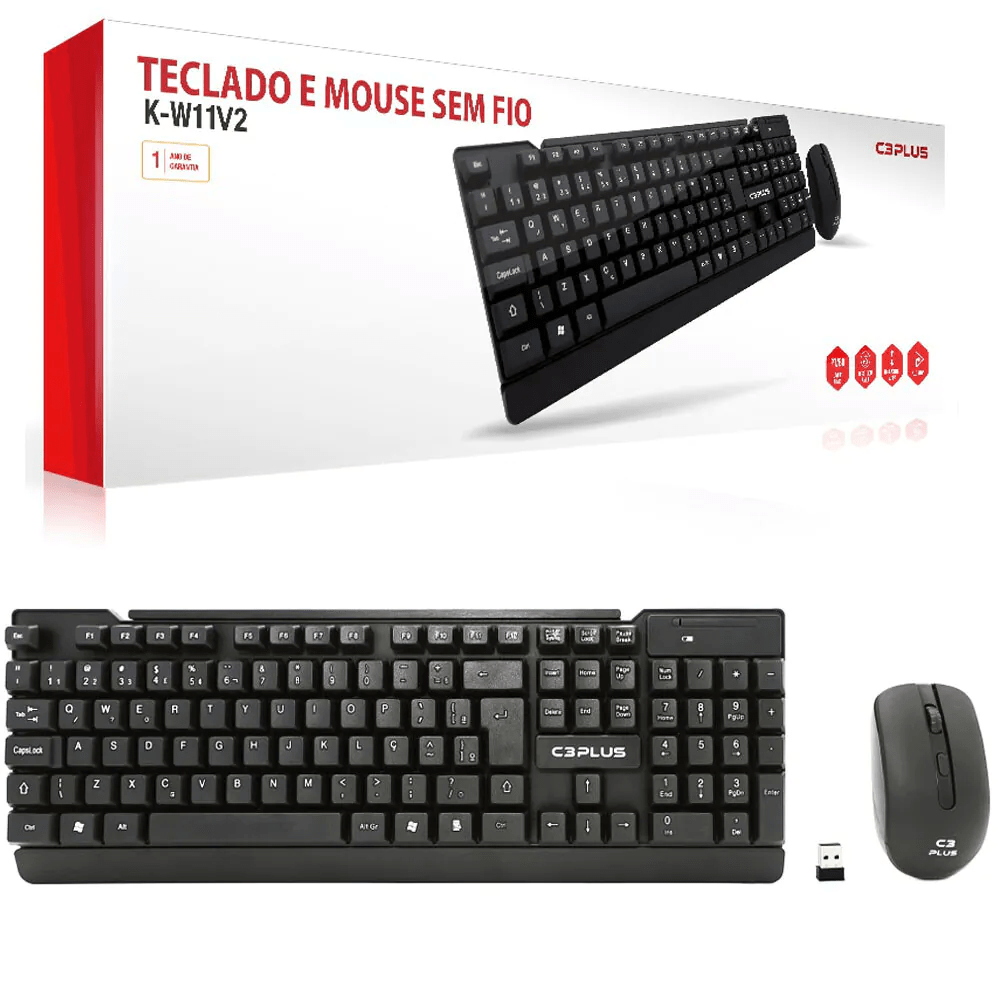 Kit Teclado e Mouse C3Tech K-W11BKV2 Sem Fio Wireless ABNT2