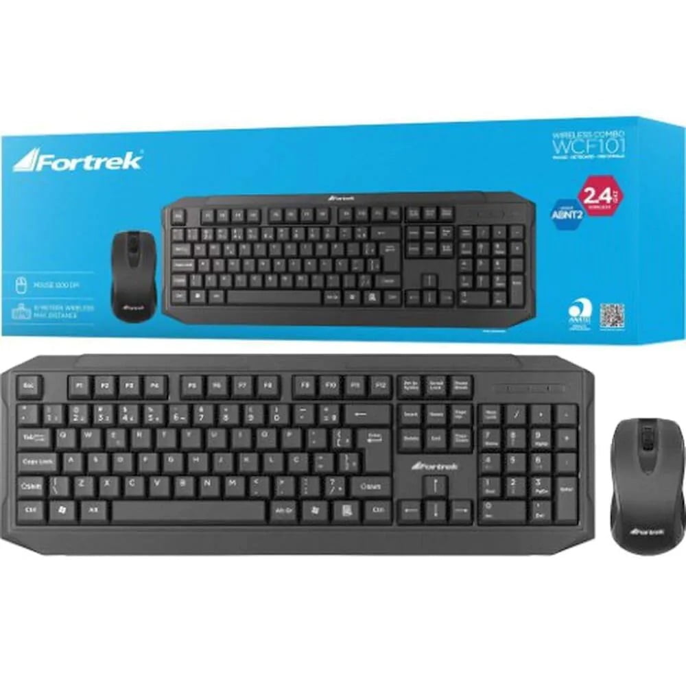 Kit Teclado e Mouse Sem Fio Fortrek Wireless WCF101 ABNT2 Preto