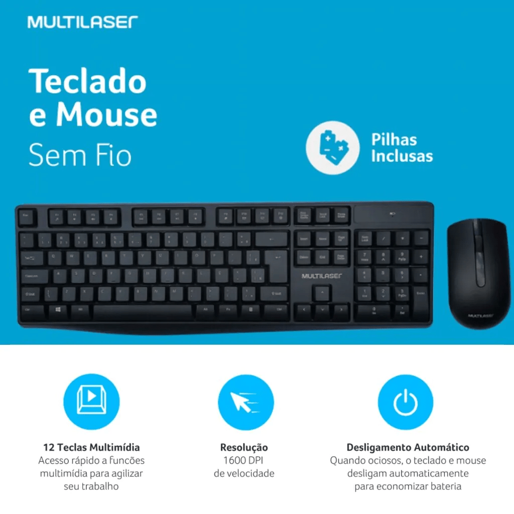 Kit Teclado e Mouse Sem Fio Slim Multilaser TC270