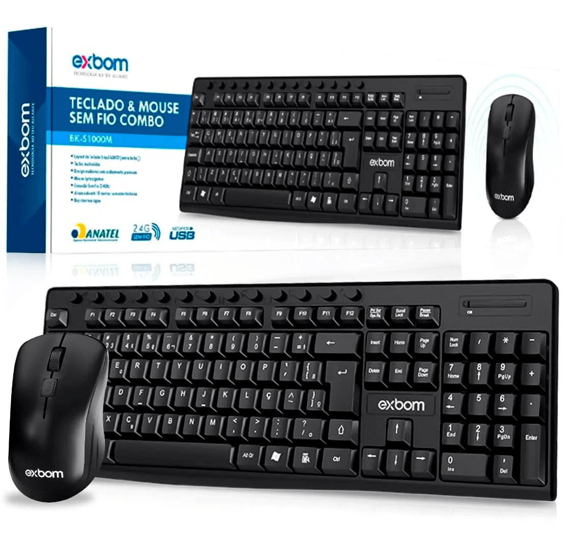 Teclado e Mouse Sem Fio Exbom BK-S1000M 2.4GHz Multimídia ABNT II