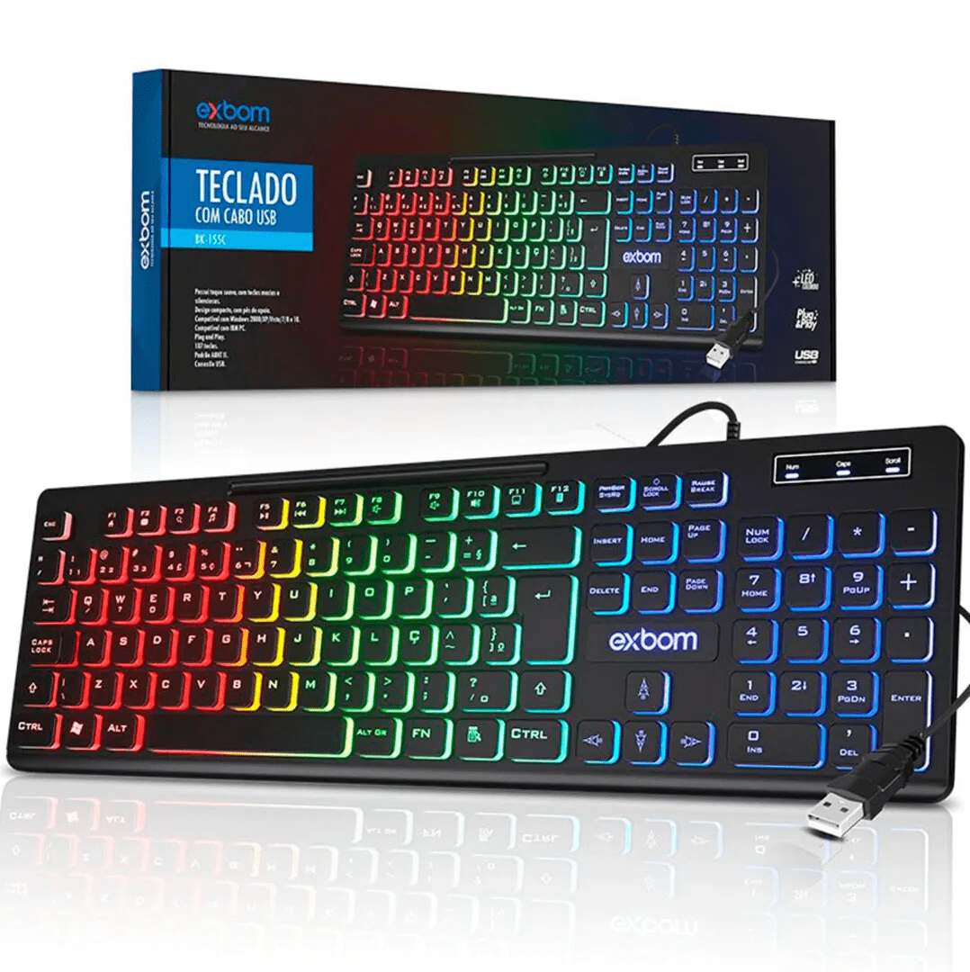 Teclado Gamer Multimídia Exbom BK-155C com Iluminação RGB e 107 Teclas ABNT2