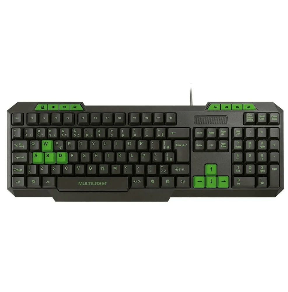 Teclado Gamer Multilaser TC243 Slim com Hotkeys Multimídia Verde ABNT2