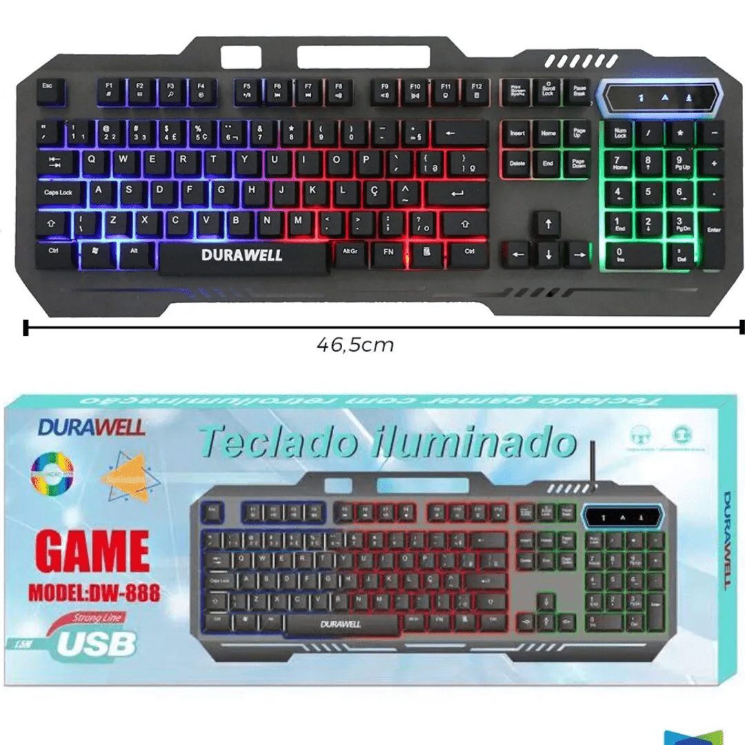 Teclado Gamer Semi Mecânico Durawell DW-888 com Retroiluminação LED RGB