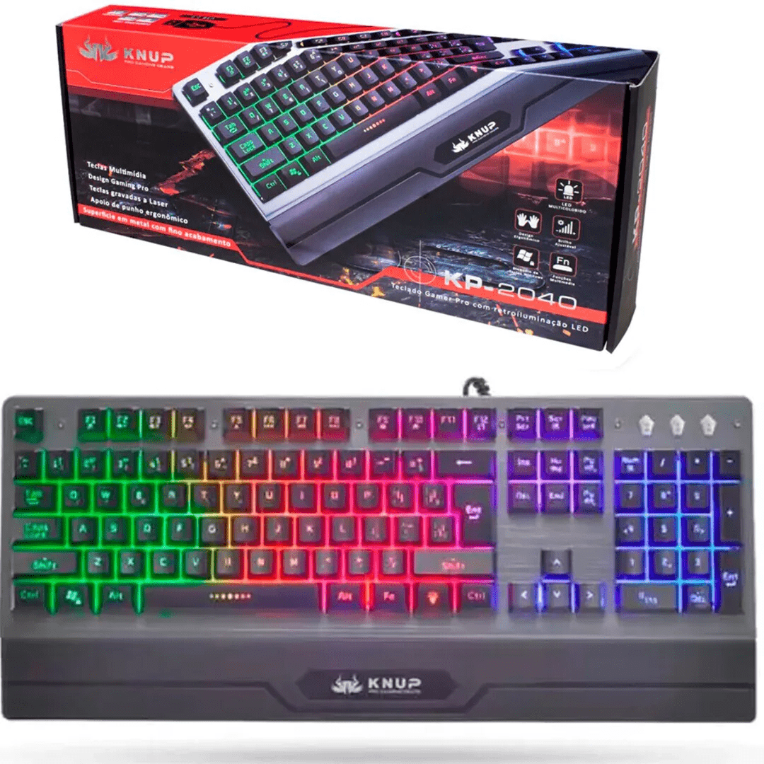Teclado Gamer Semi Mecânico Pro Metal KNUP KP-2040 com LED RGB