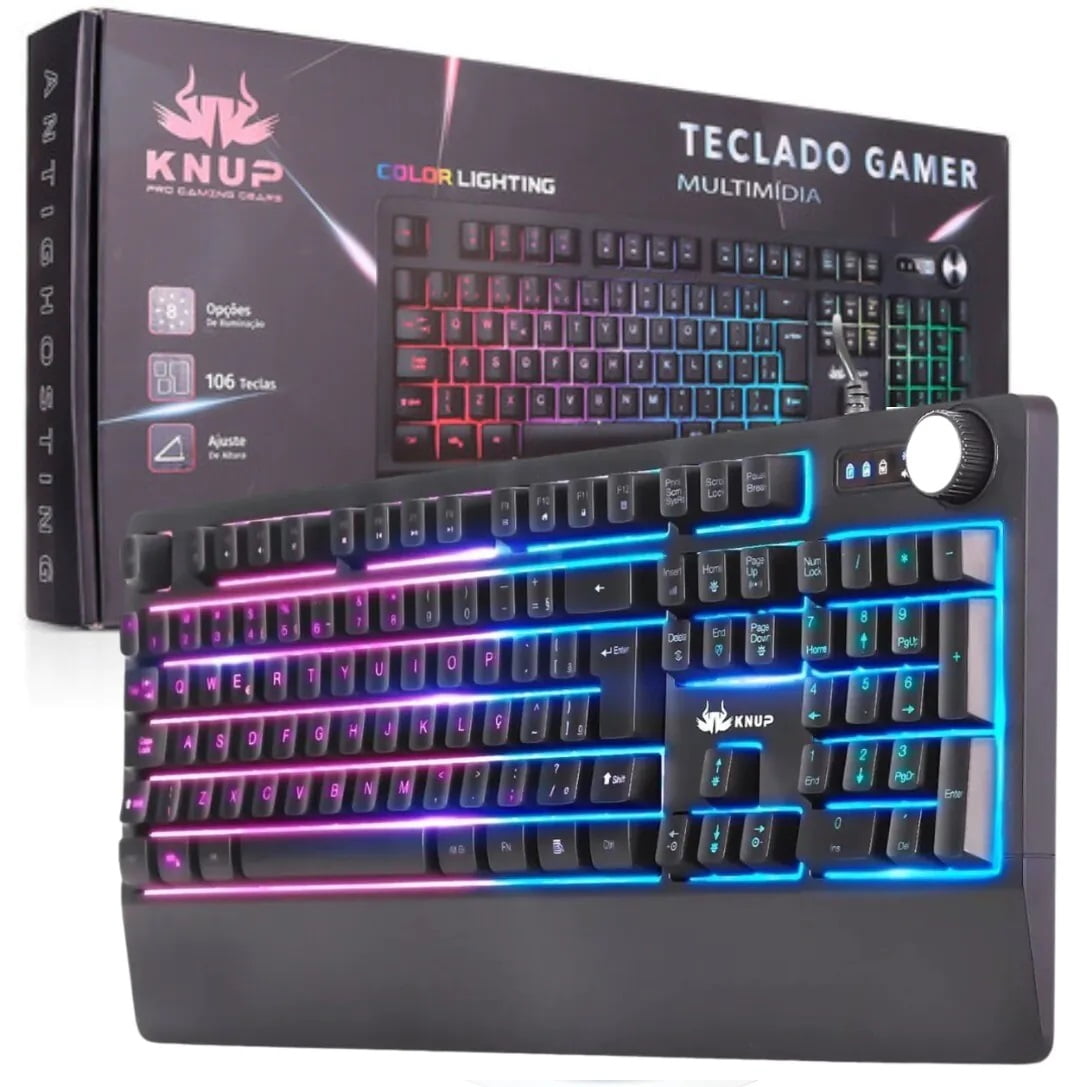 Teclado Gamer USB KNUP KP-TE104 Iluminado LED Multimídia Anti-Ghosting