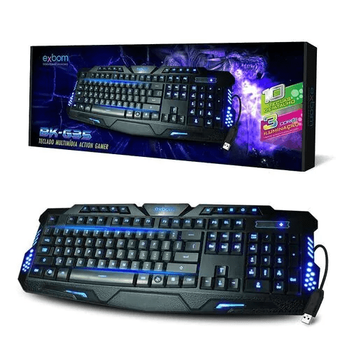 Teclado Gamer USB Multimídia LED 3 Cores Exbom BK-G35