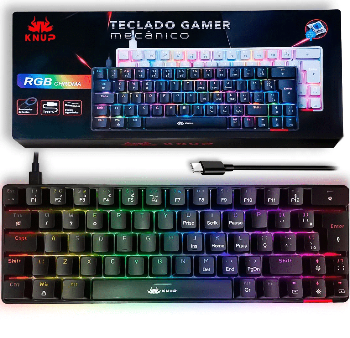 Teclado Mecânico Gamer 60% Branco KNUP KP-TE100 Switch Blue RGB