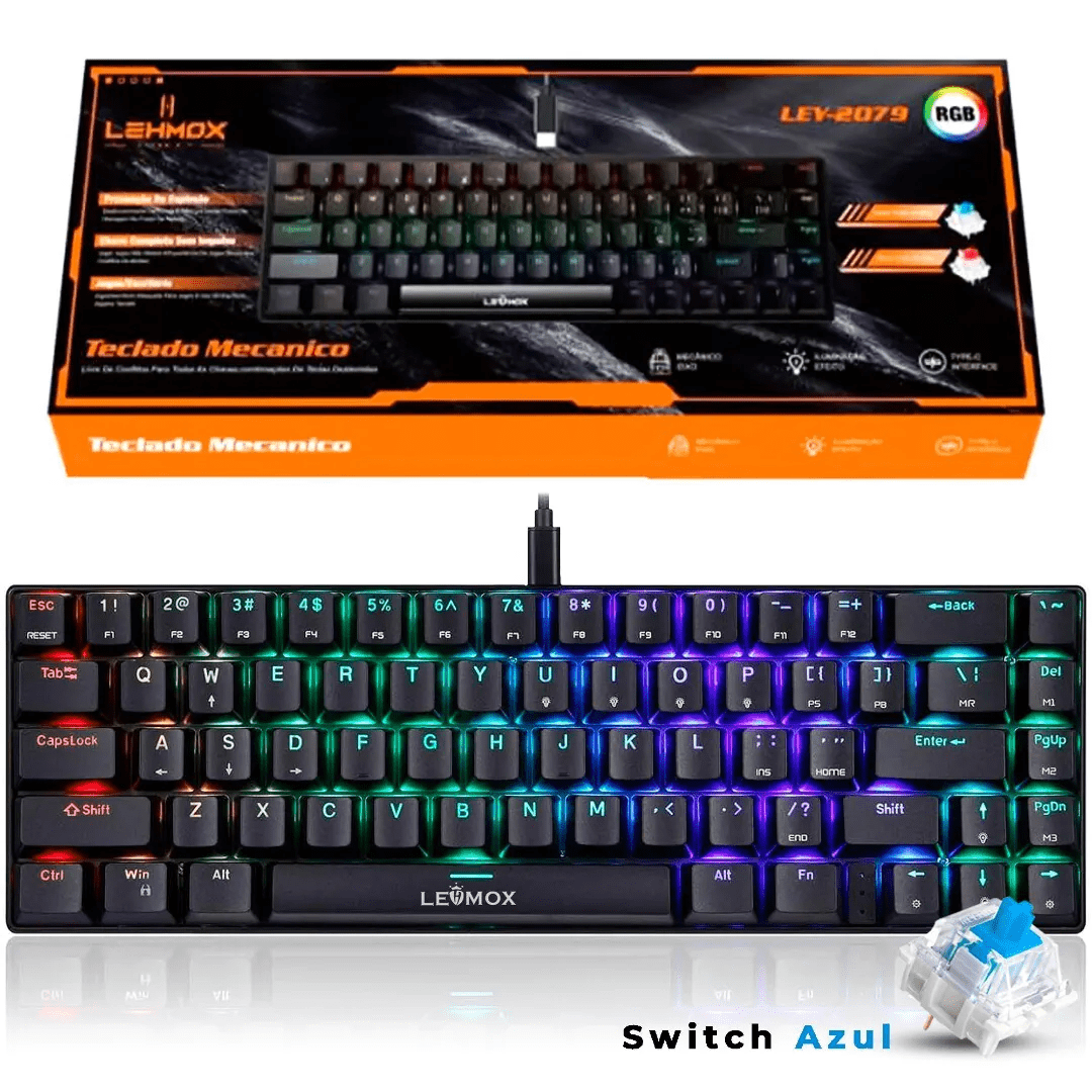 Teclado Mecânico Gamer 60% LehmoX LEY-2079B Switch Blue RGB