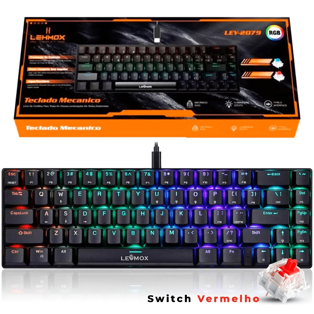 Teclado Mecânico Gamer 60% LehmoX LEY-2079R Switch Blue RGB