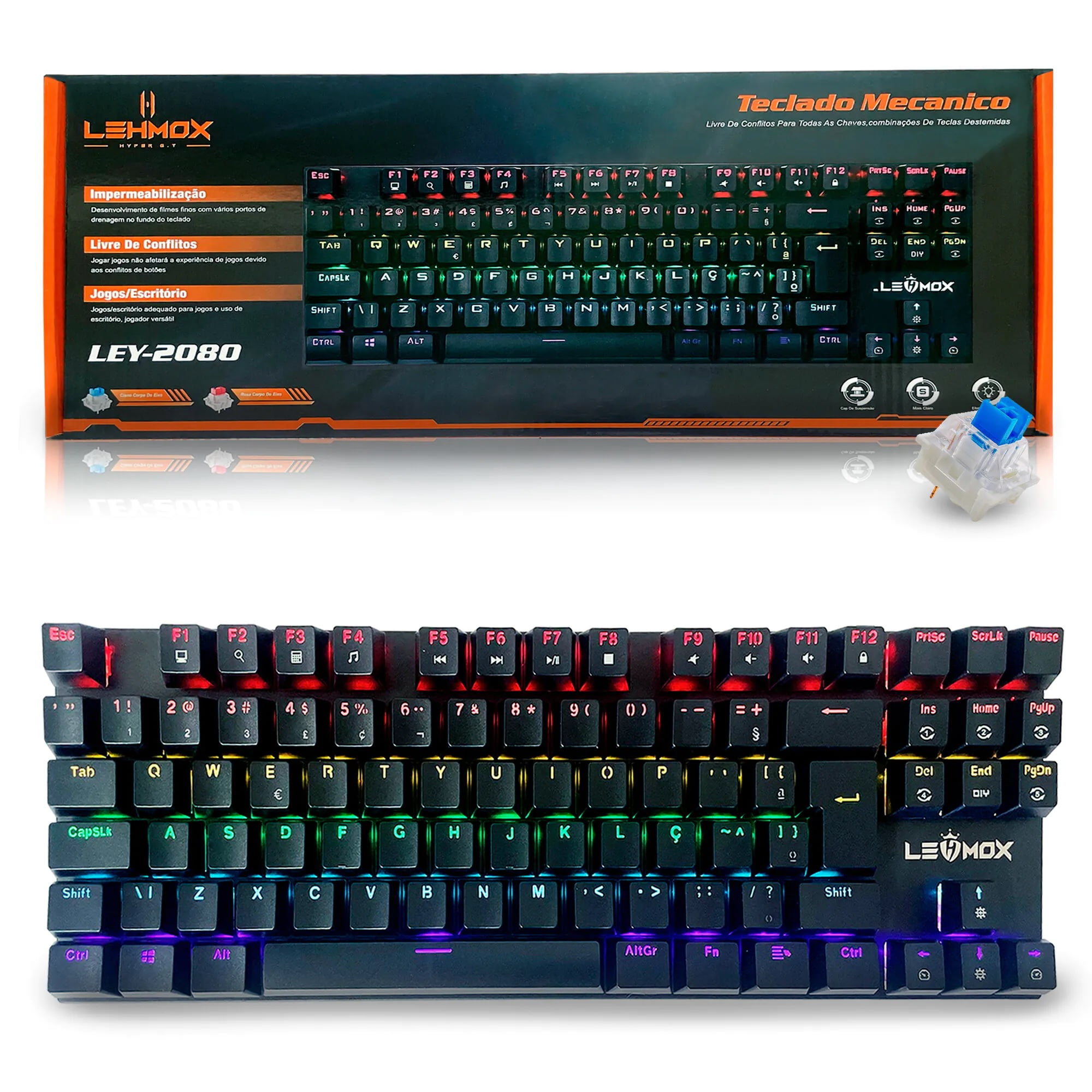 Teclado Mecânico Gamer LEHMOX LEY-2080 TKL Switch Blue RGB