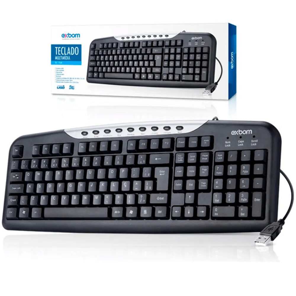 Teclado Multimídia USB Exbom BK-146M com Layout ABNT2 e Teclas de Atalho