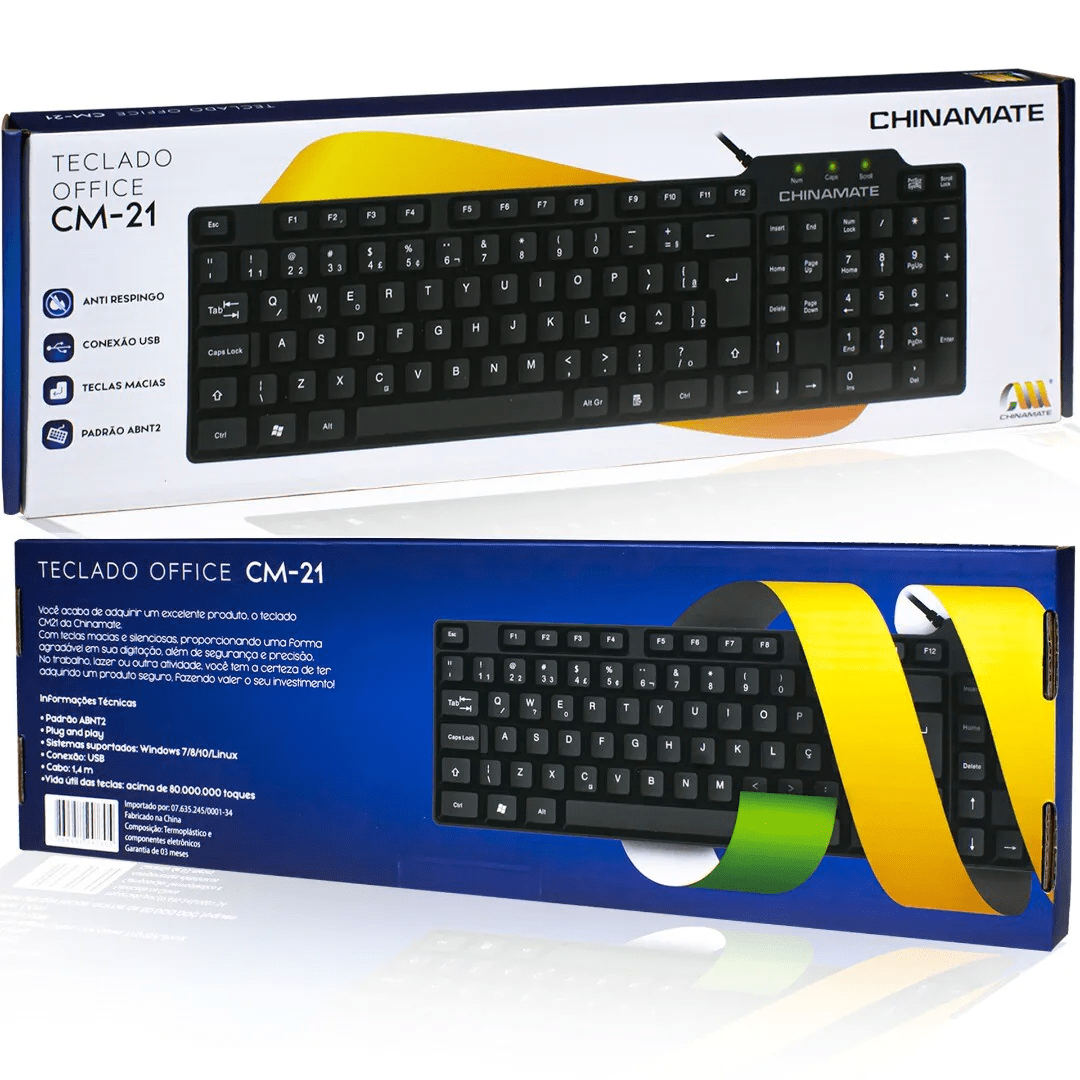 Teclado Office com Fio USB CHINAMATE CM21 Preto com Layout ABNT2