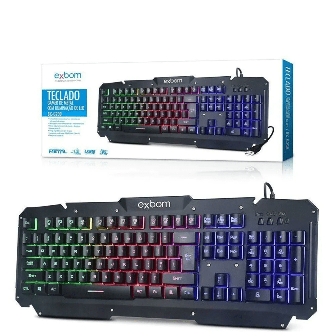 Teclado Gamer Semi-Mecânico Profissional USB ABNT2 LED Exbom BK-G200