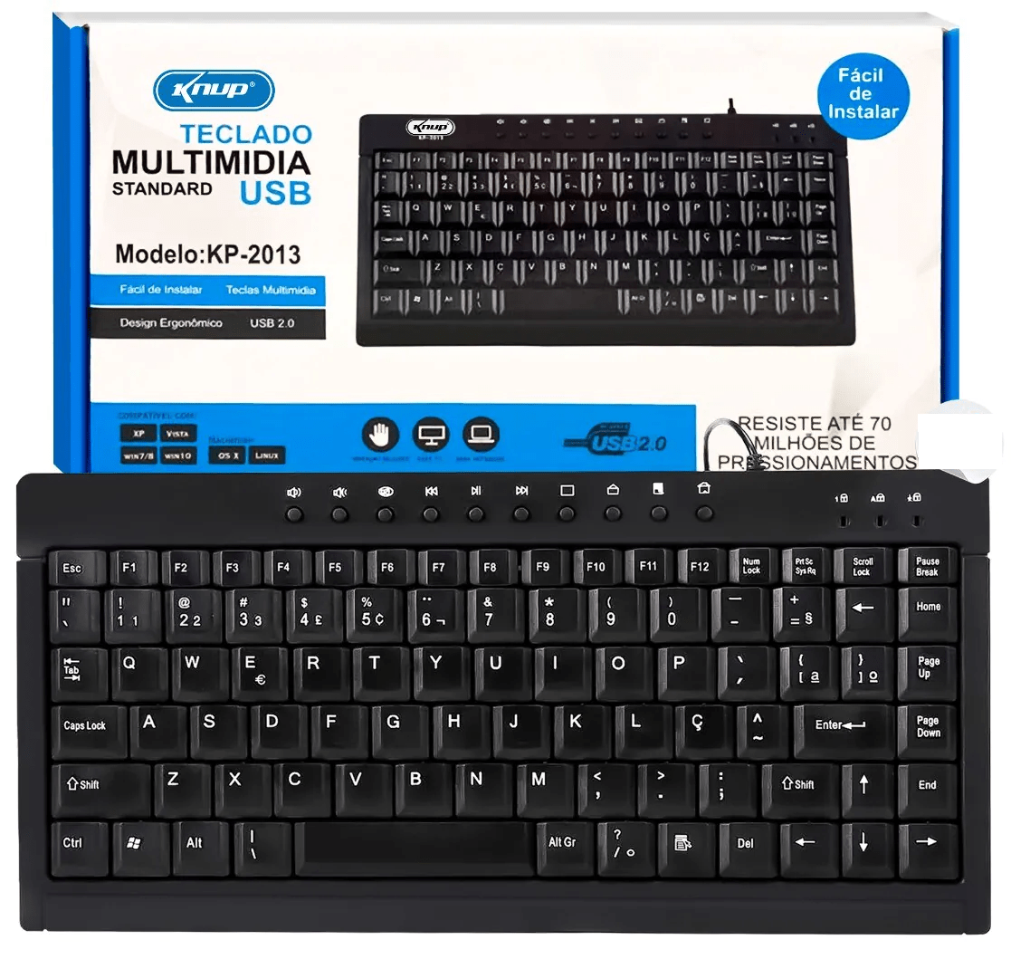 Teclado USB Mini Knup KP-2013 ABNT2 com Fio, Perfil Baixo e Funções Multimídia