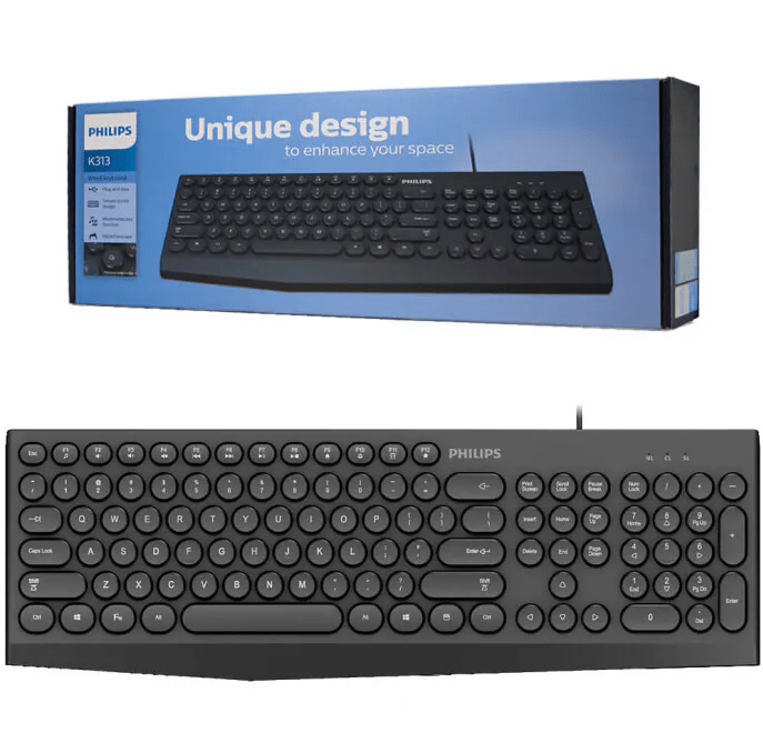 Teclado Philips SPK6313B USB com Fio e Teclas Redondas Padrão Americano