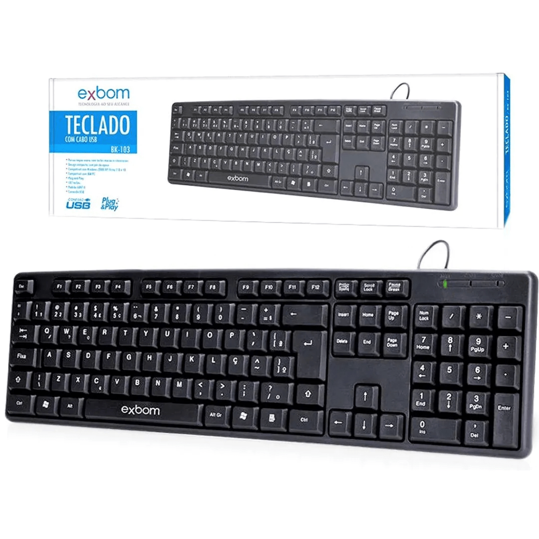 Teclado USB Standard ABNT2 Exbom BK-103 com Fio Padrão Brasileiro