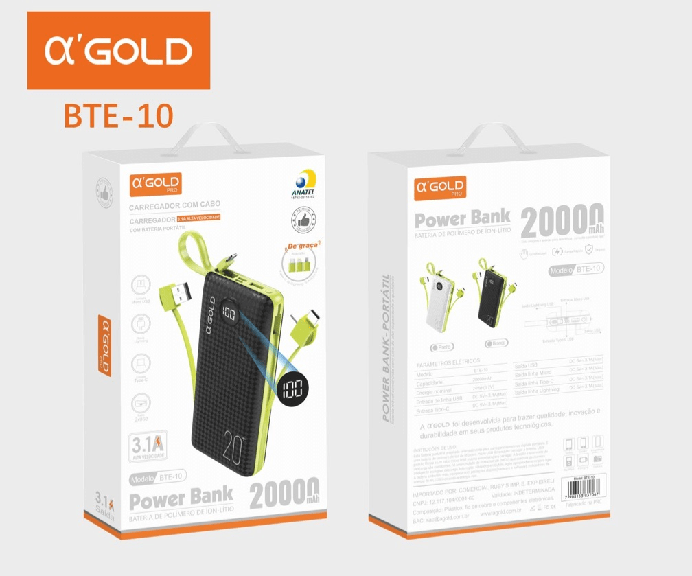 Carregador Portátil 20.000mah Bte-10 A'gold Alta Velocidade