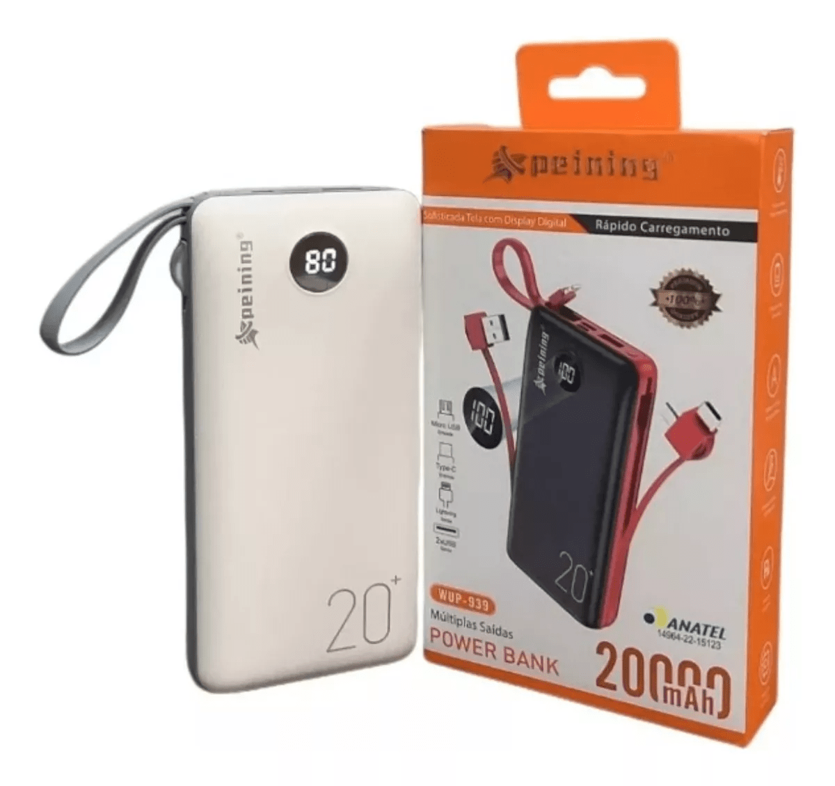 Carregador Portátil Bateria 20000mah Power Bank Tela Lcd Pineng wup-939