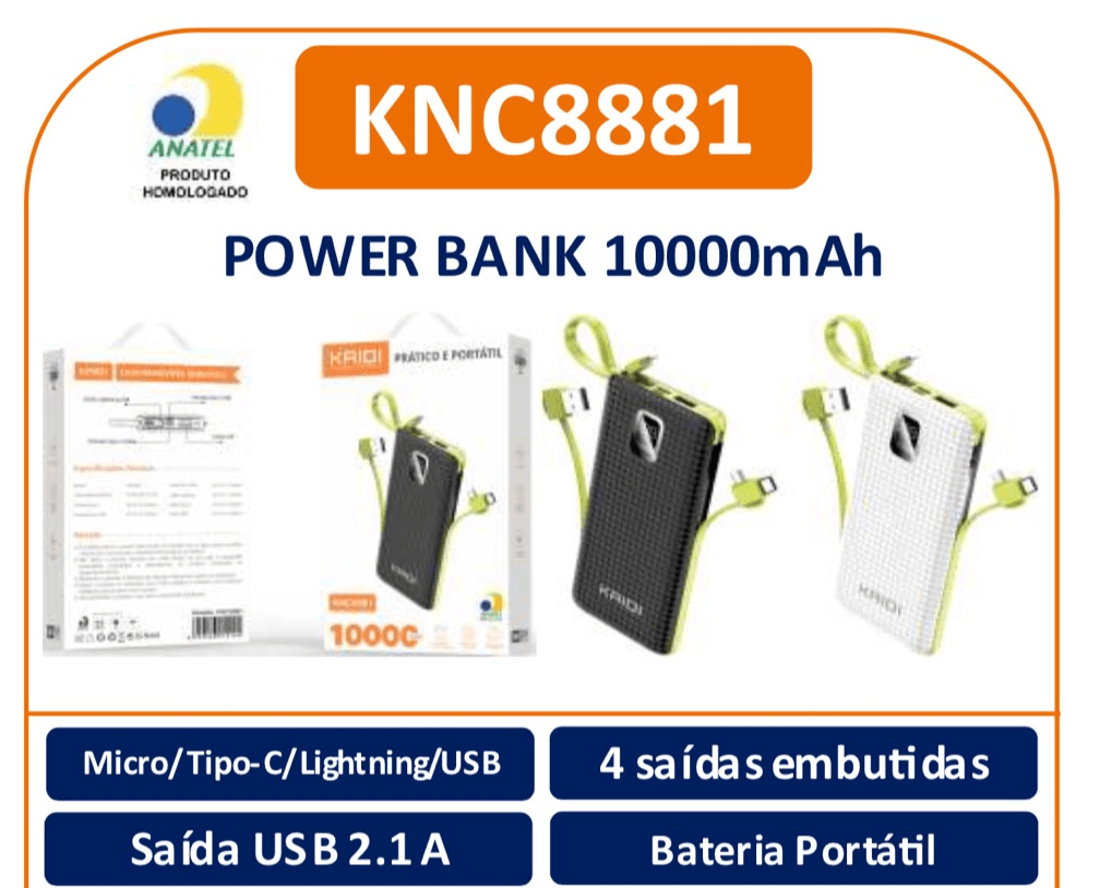 Carregador PowerBank Portátil e Rápido 10.000 mAh - Kaidi - KNC8881