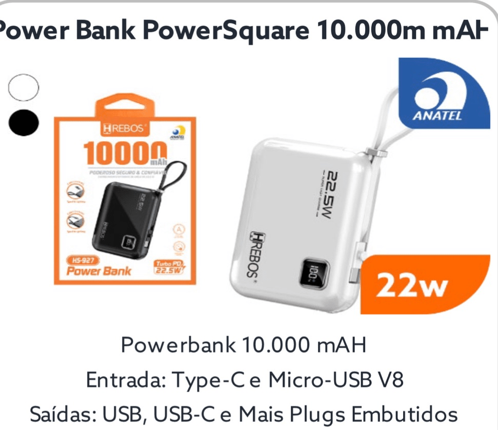 Power Bank Portátil 10.000mah Turbo 22.5w C Visor De Carga Cor Preto HS-927-1