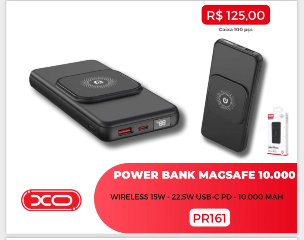 POWER BANK XO 10000MAH XO PR161 TYPE C 20W USB 22.5W TURBO MAGNETIC WIRELESS PRETO