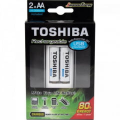 Carregador de Pilha USB p/2 pilhas AA/AAA min.2.000 mAh c/2 pilhas TOSHIBA