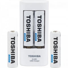 Carregador de Pilha USB p/2 pilhas AA/AAA min.2.000 mAh c/4 pilhas TOSHIBA
